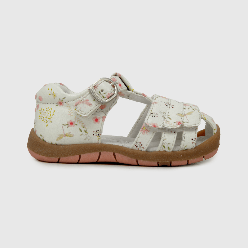 Sandalia de niña floral con hebilla blanco (18 a 21)