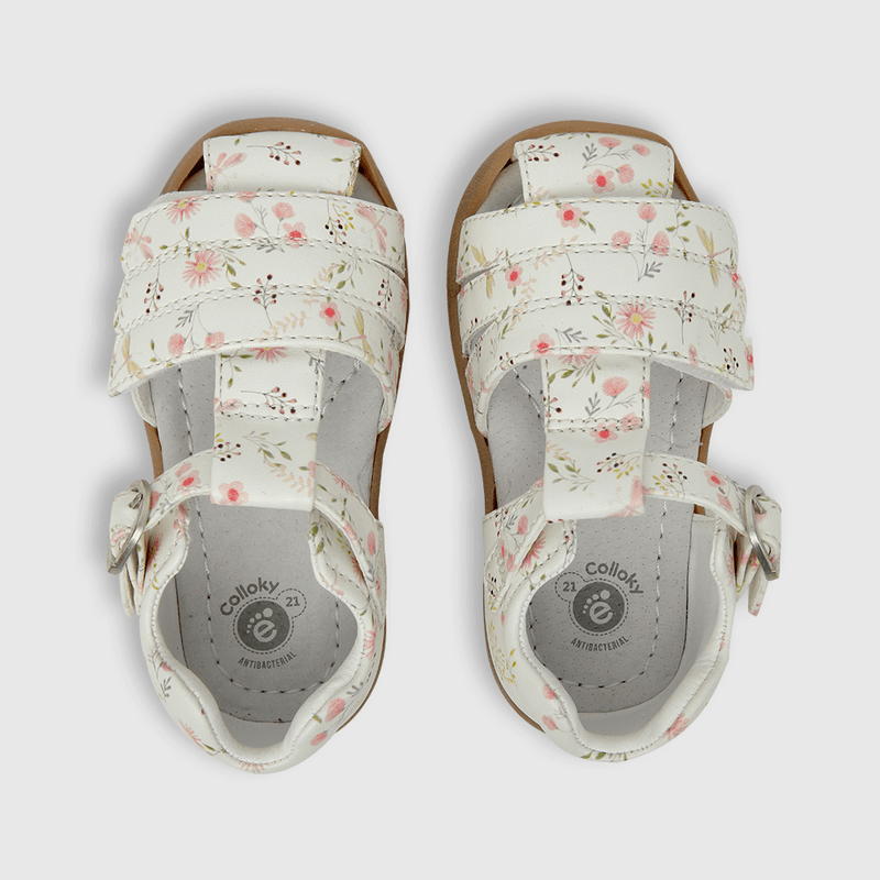 Sandalia de niña floral con hebilla blanco (18 a 21)