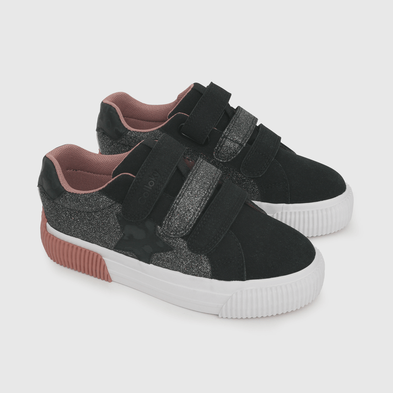 Zapatilla para niña niña 3 velcros glitter negra (28 a 38)