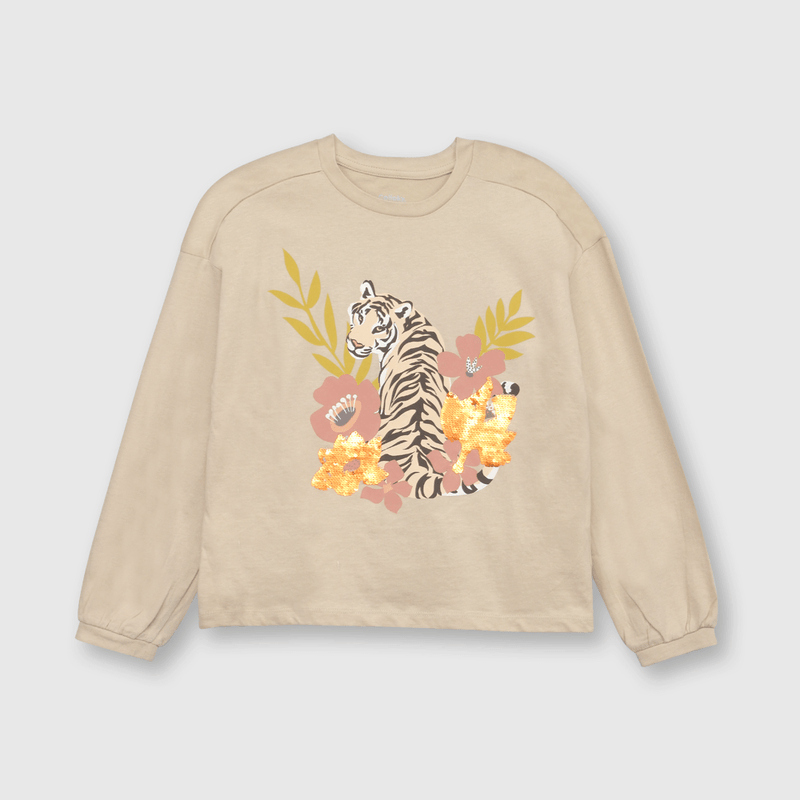 Polera de niña tigre tropical beige (2 a 12 años)