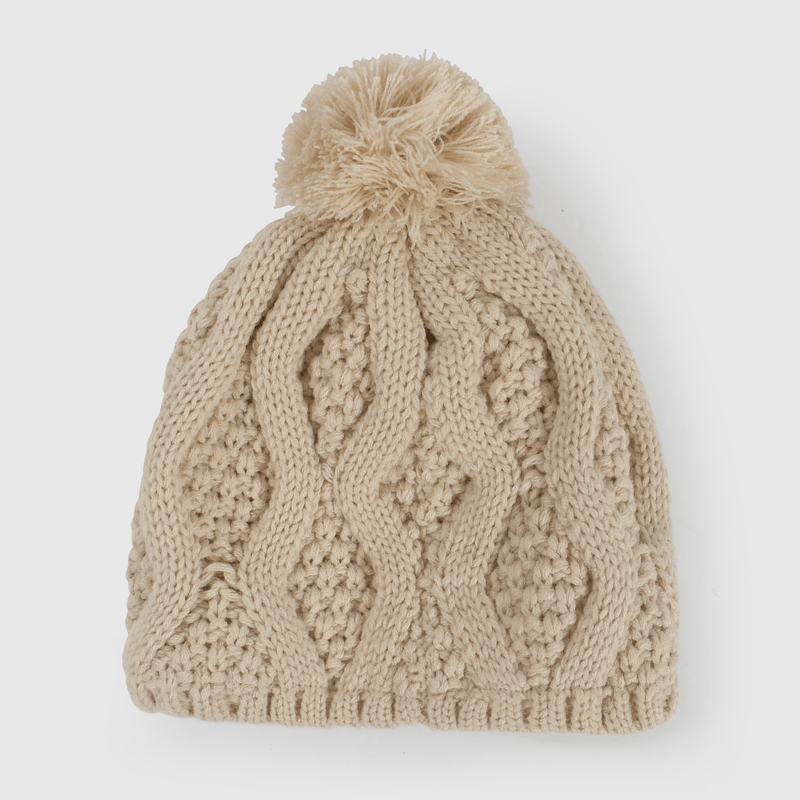 Gorro Tejido Trenzado con Forro Beige