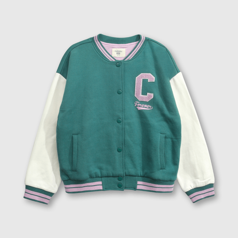 Chaqueta Polerón Estilo Varsity Bomber Verde para Niña de 3 a 12 años