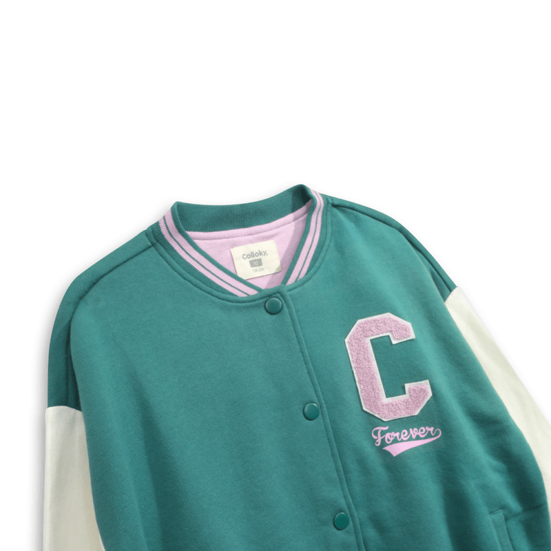 Chaqueta Polerón Estilo Varsity Bomber Verde para Niña de 3 a 12 años