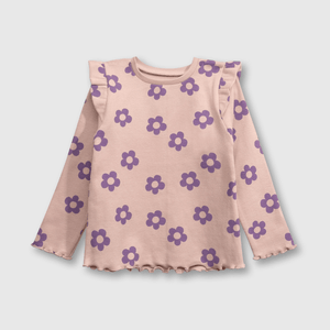 Polera Rosada de Puño Elasticada con Vuelo y Estampa de Flores