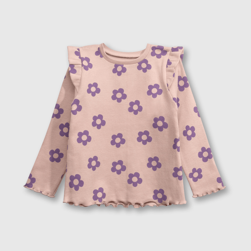 Polera Rosada de Puño Elasticada con Vuelo y Estampa de Flores