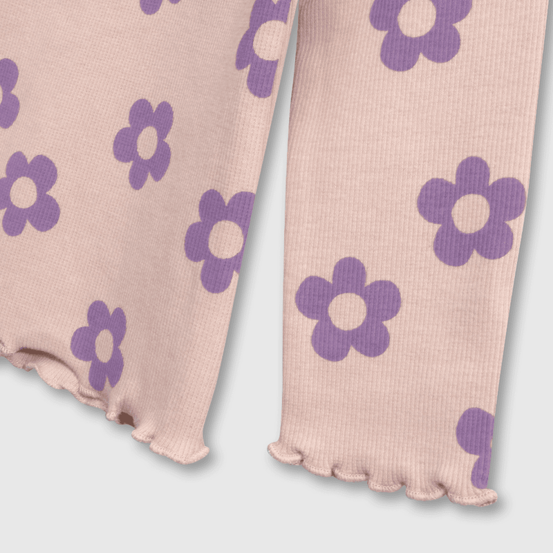Polera Rosada de Puño Elasticada con Vuelo y Estampa de Flores