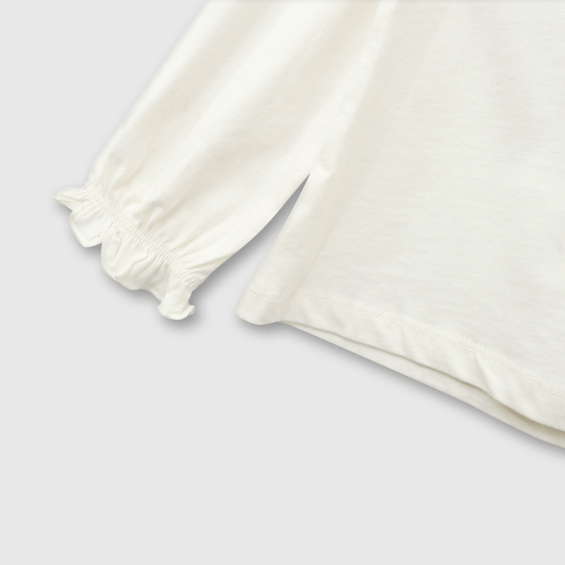Polera de Algodón Blanca Manga Larga con Elástico Recogido en Puño