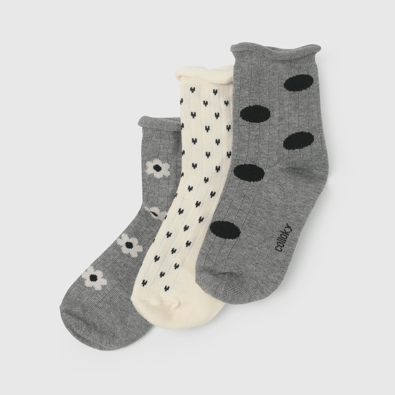 Calcetines gris con flores para niños, pack de 3