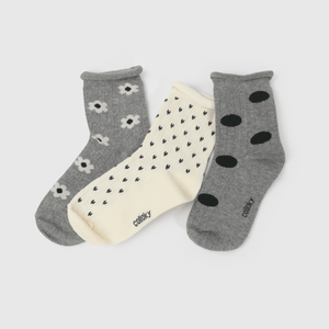 Calcetines gris con flores para niños, pack de 3
