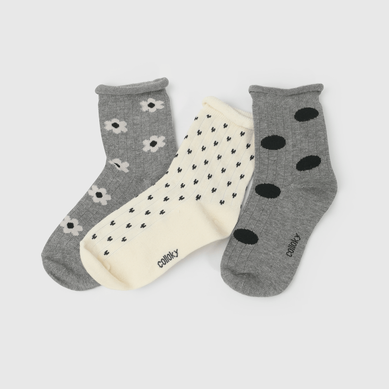 Calcetines gris con flores para niños, pack de 3