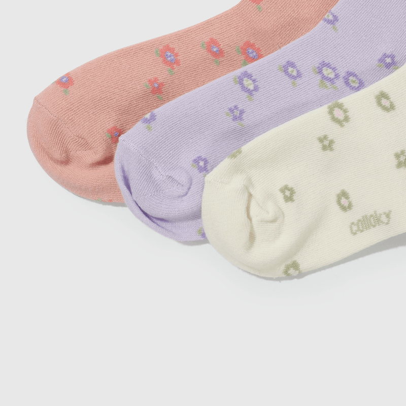 Calcetines morados y florales para niños, pack de 3