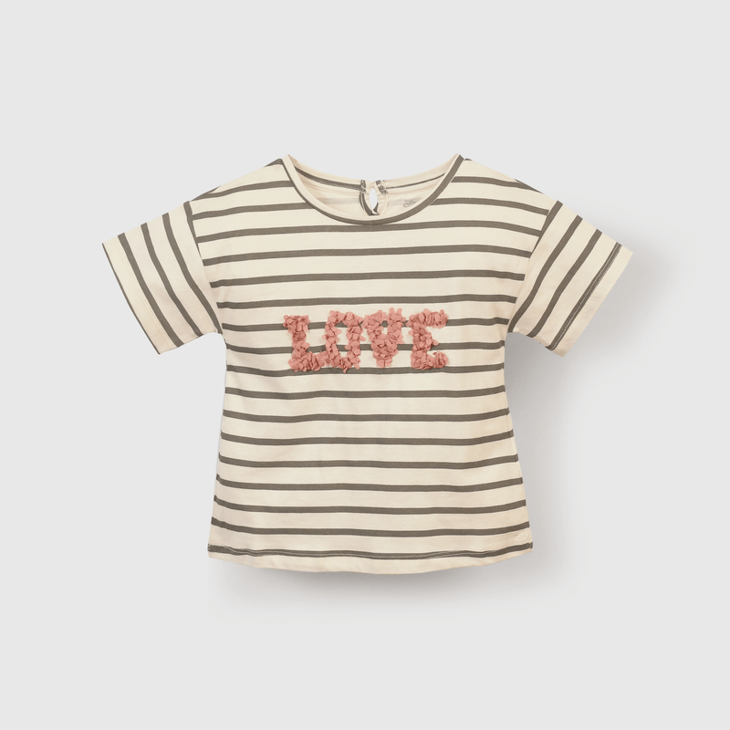 Polera de rayas beige con estampado LOVE para niña