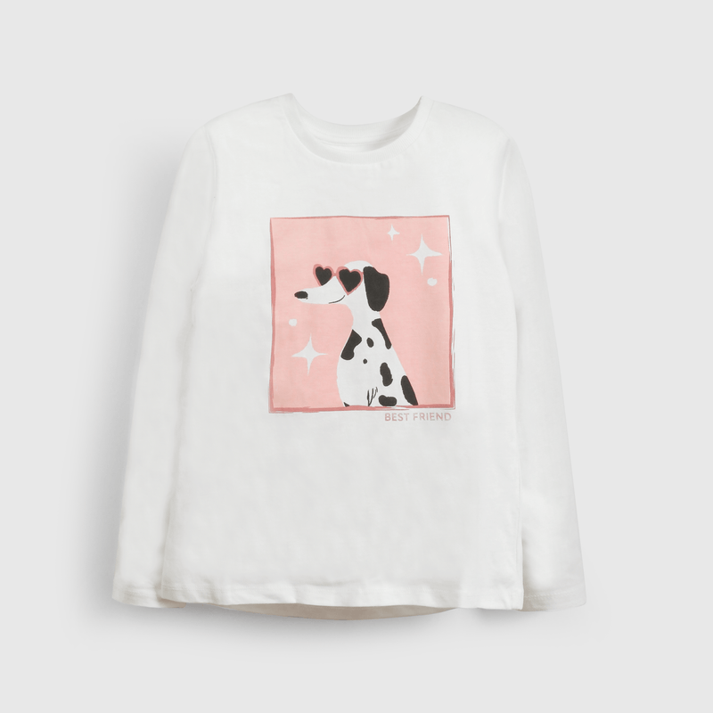 Polera blanca con perro para niños llenos de alegría