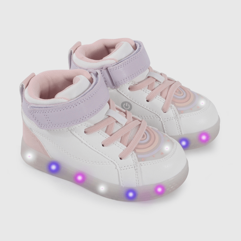 Zapatilla de Luces Blanca con Rosado Temática Arcoiris de Caminante talla 21 a 27
