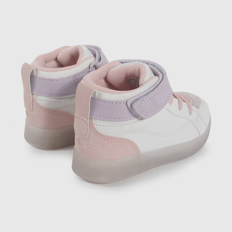 Zapatilla de Luces Blanca con Rosado Temática Arcoiris de Caminante talla 21 a 27