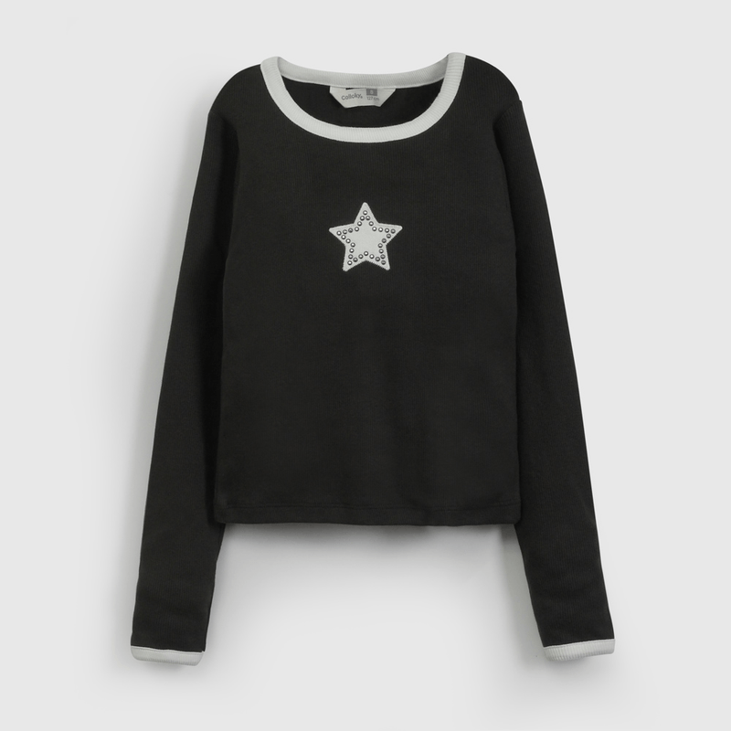 Polera Negra Rib Estrella de Niña talla 3 a 12 Años