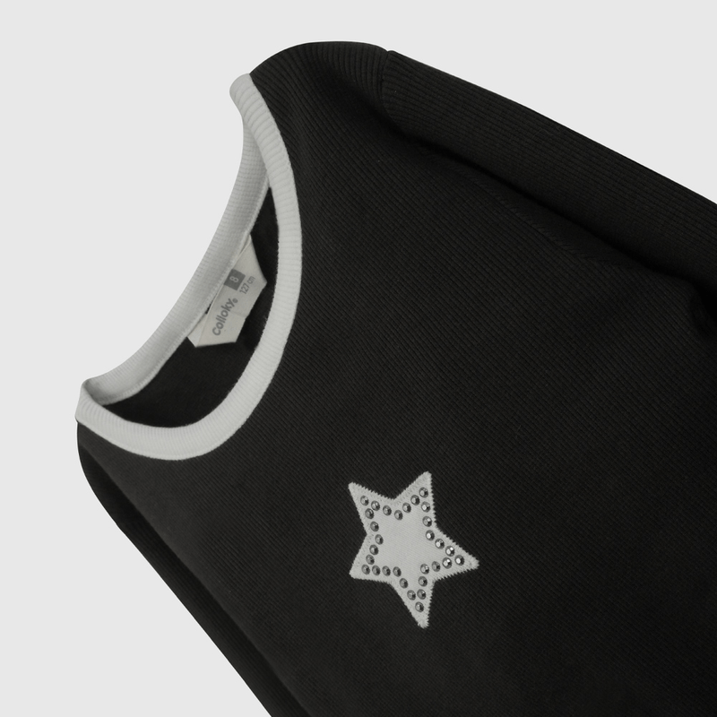 Polera Negra Rib Estrella de Niña talla 3 a 12 Años
