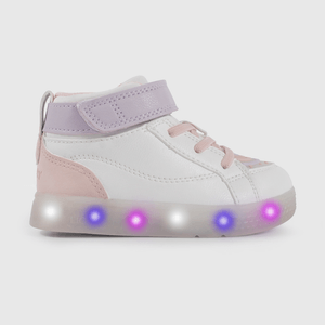 Zapatilla de Luces Blanca con Rosado Temática Arcoiris de Caminante talla 21 a 27