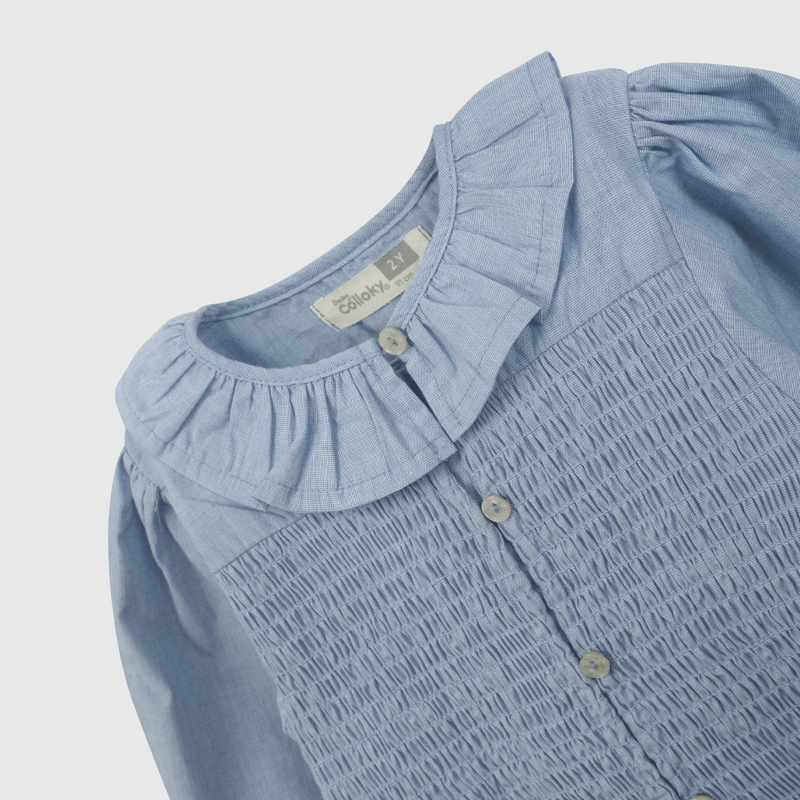Blusa Celeste Recogido de Niña Infantil talla 3/6 M a 24m/36 M