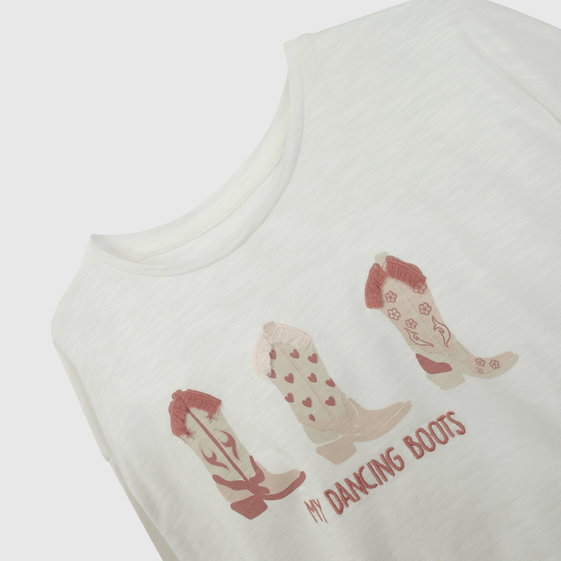 Polera Blanca Botas Cowboy de Niña talla 3 a 12 añoss