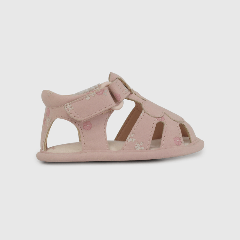 Sandalia Cangrejera Rosada Estampada Flores de Bebé talla 14 a 18