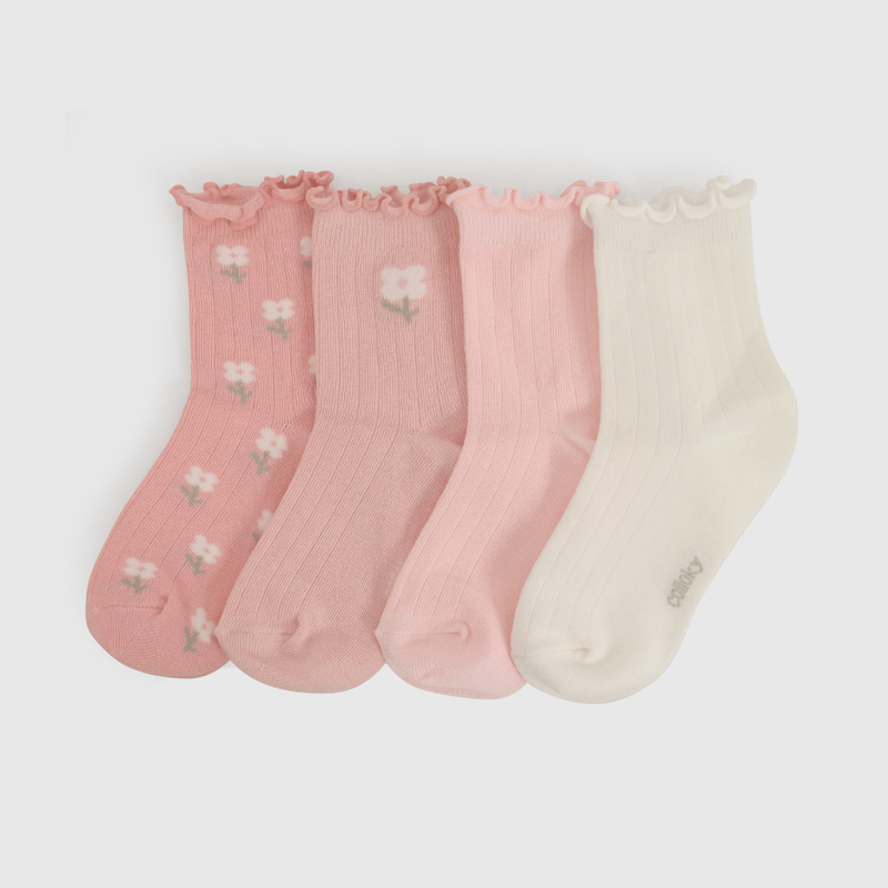 Pack Cuatro Calcetín Rosado Flores de Niña talla 23/25 a 34/37