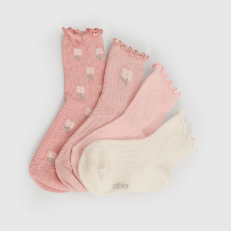 Pack Cuatro Calcetín Rosado Flores de Niña talla 23/25 a 34/37