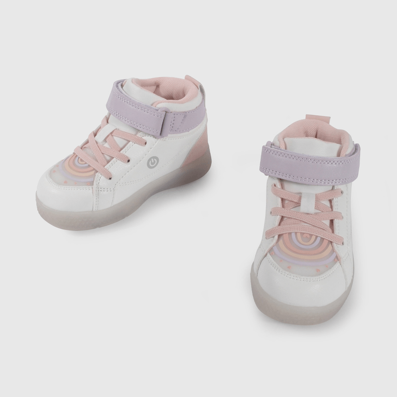 Zapatilla de Luces Blanca con Rosado Temática Arcoiris de Caminante talla 21 a 27