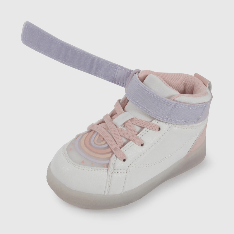 Zapatilla de Luces Blanca con Rosado Temática Arcoiris de Caminante talla 21 a 27