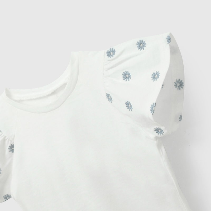 Polera Blanca Manga Bordada de Niña talla 3/6 M a 24m/36 M