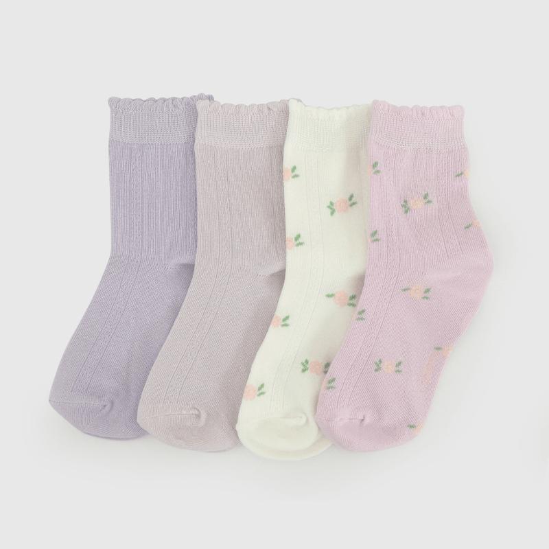 Pack Cuatro Calcetín Morado Flores Niña talla 23/25 a 34/37