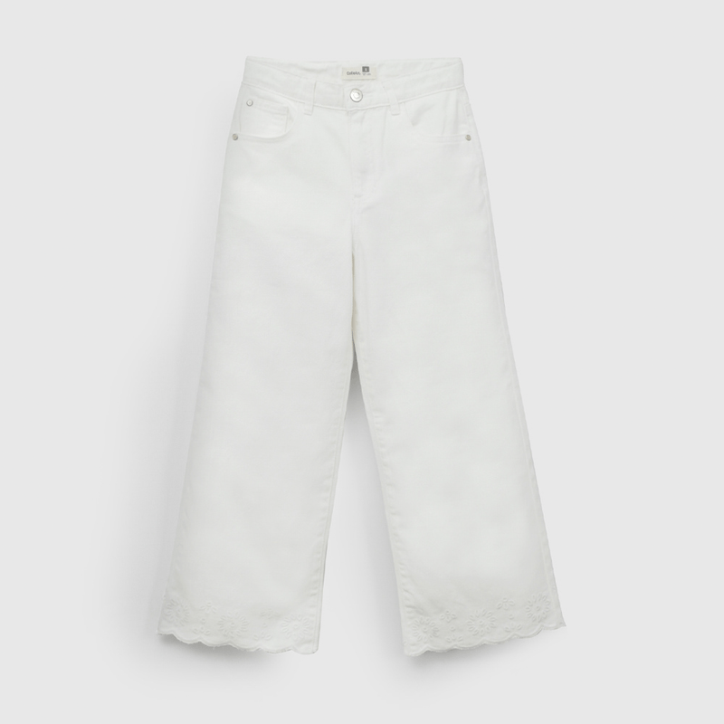 Pantalón Blanco Ancho Bordado  de Niña talla 3 a 12 Años