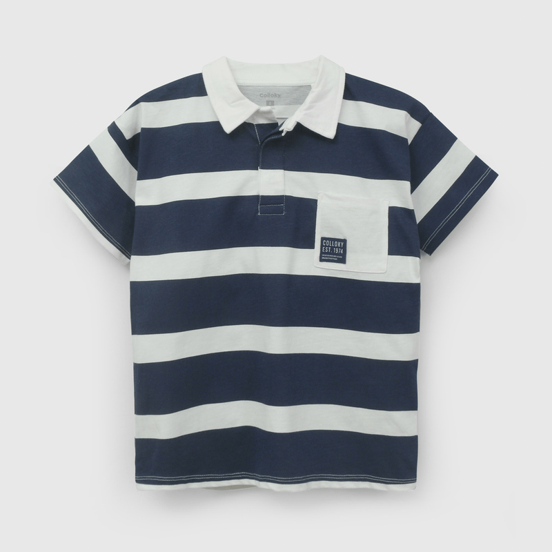 Polera Azul Con Cuello Rayas de Niño talla 3 a 12 Años