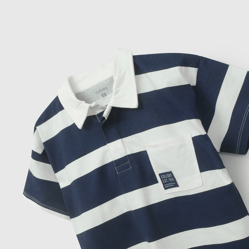 Polera Azul Con Cuello Rayas de Niño talla 3 a 12 Años