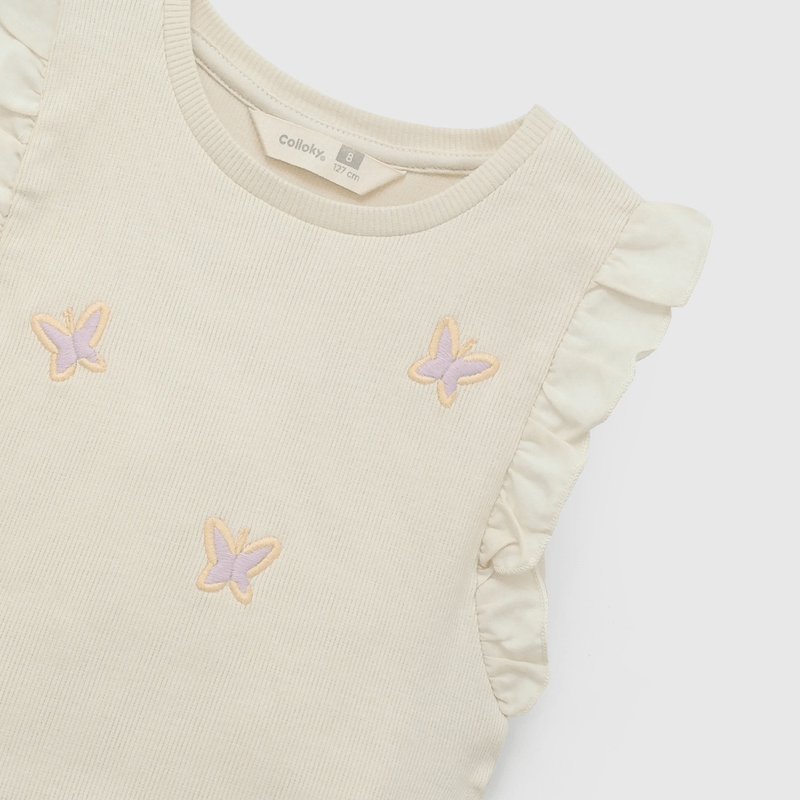Polera Beige Bordado Mariposas de Niña talla 3 a 12 Años