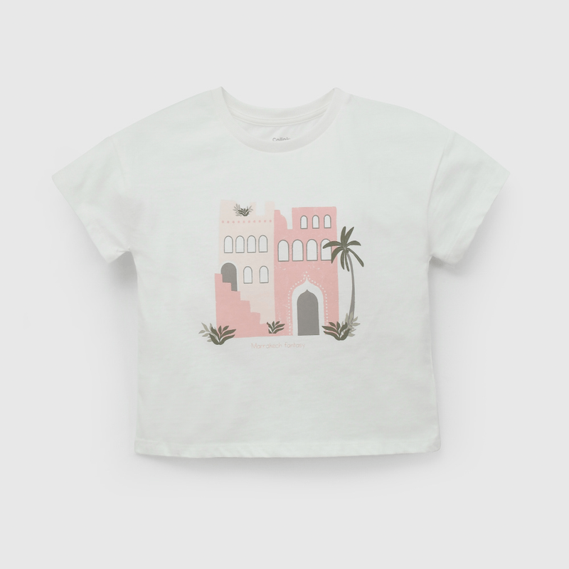 Polera Blanca Estampado Casas de Niña talla 3 a 12 Años