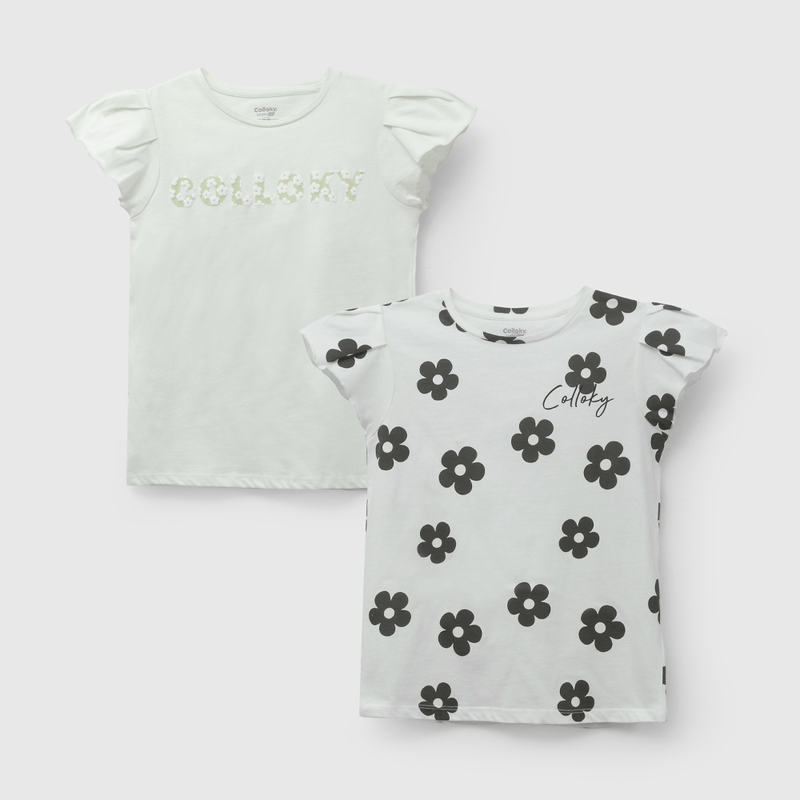 Pack Dos Poleras Colloky Flores Verde de Niña talla 3 a 12 añoss
