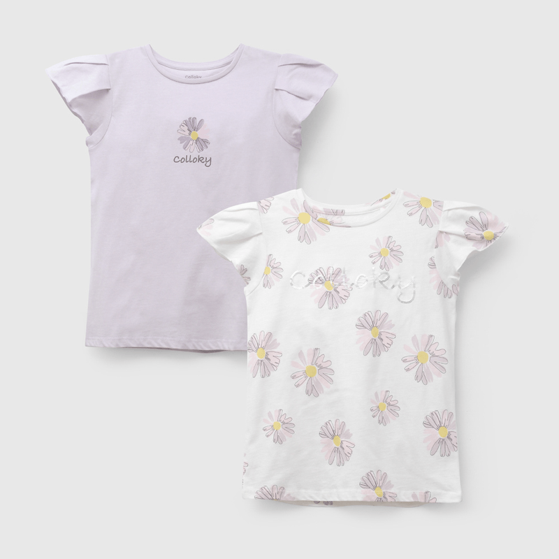 Pack Dos Poleras Colloky Flores Morado de Niña talla 3 a 12 añoss