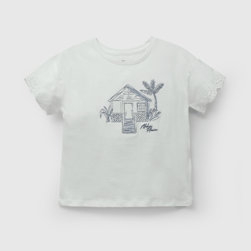 Polera Blanca Casa Hawai Bordada de Niña talla 3 a 12 añoss