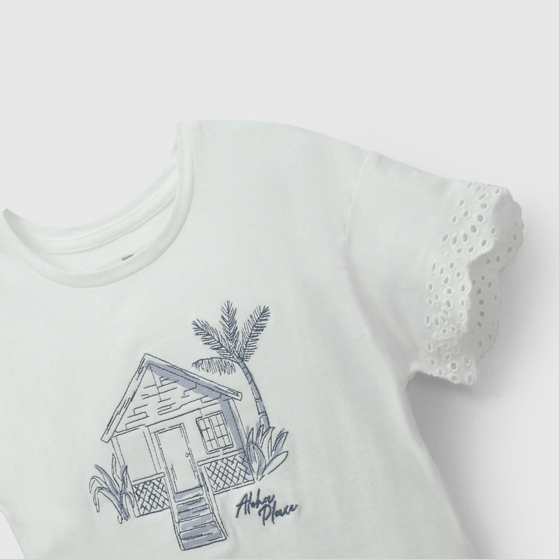 Polera Blanca Casa Hawai Bordada de Niña talla 3 a 12 añoss