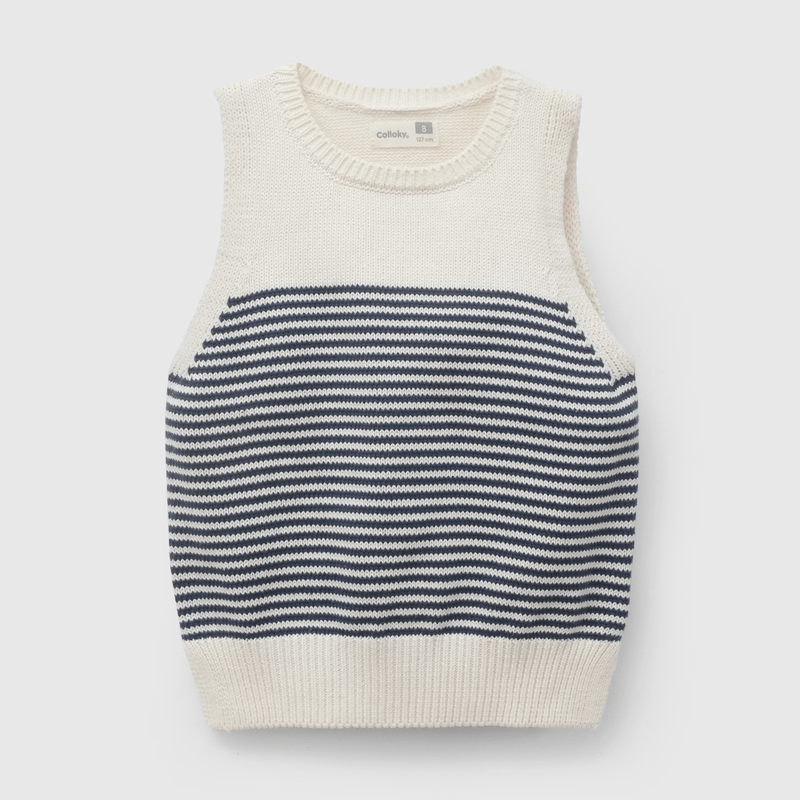 Sweater Rayas Azul Sin Mangas de Niña talla 3 a 12 añoss